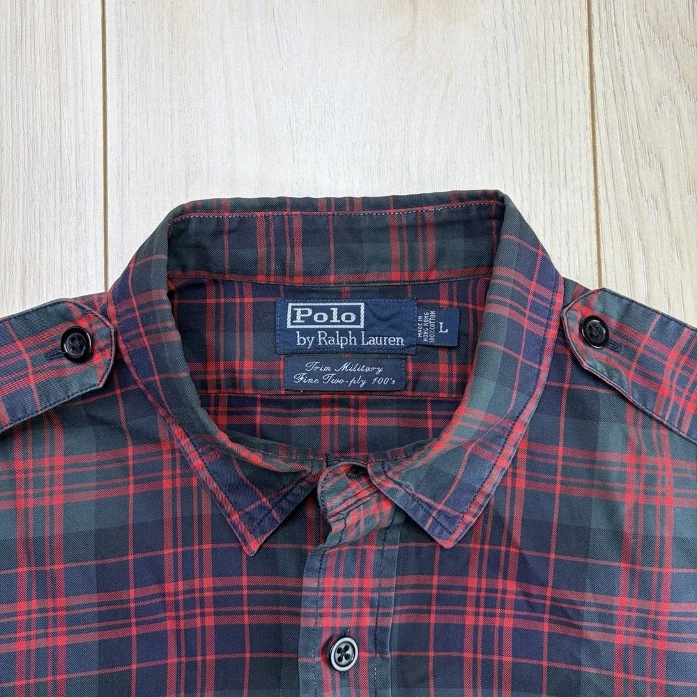 Polo By Ralph Lauren Trim Military Fine 2-ply 100s Plaid Button Up Shirt Mens L